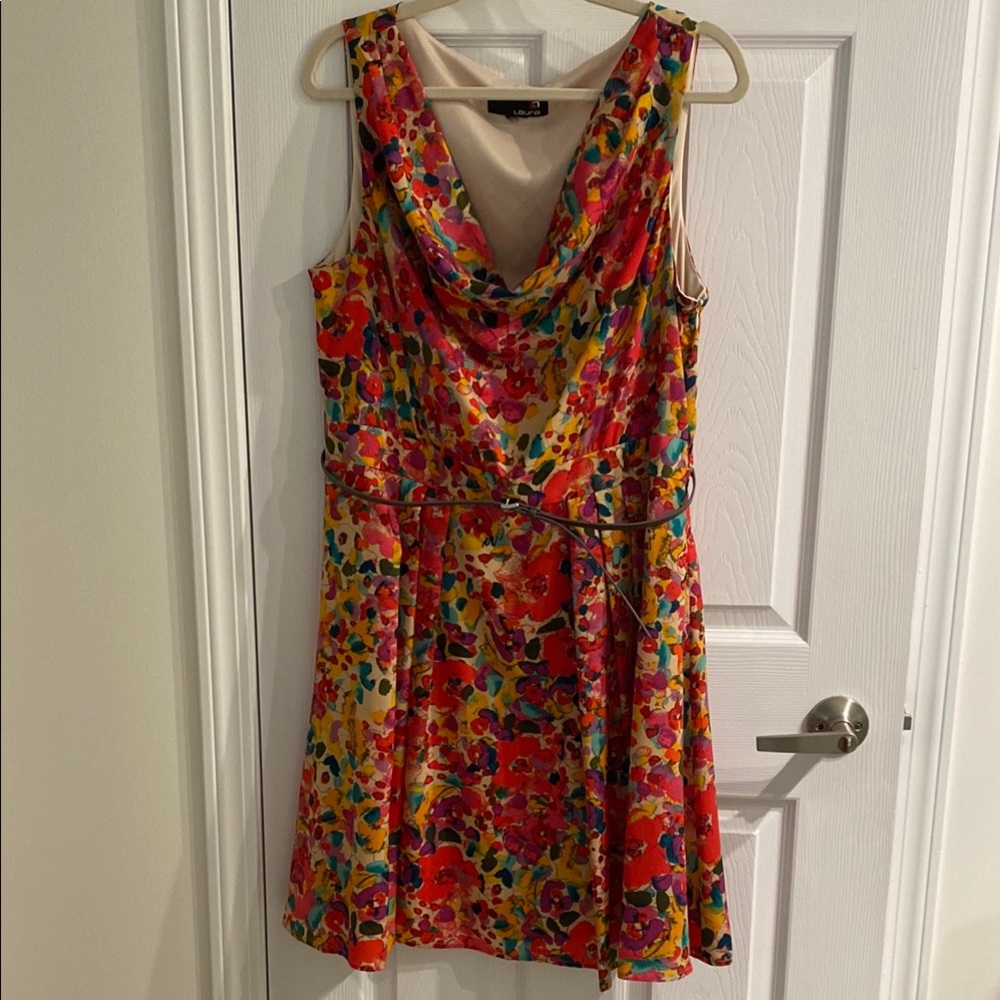 Laura Pink Beige and Teal Low Cowl Neck Dress w Belt